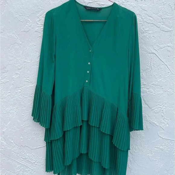 Zara Woman Womens Elegant Contrasting Pleated Flowy Blouse Green Sz Small - Picture 8 of 11